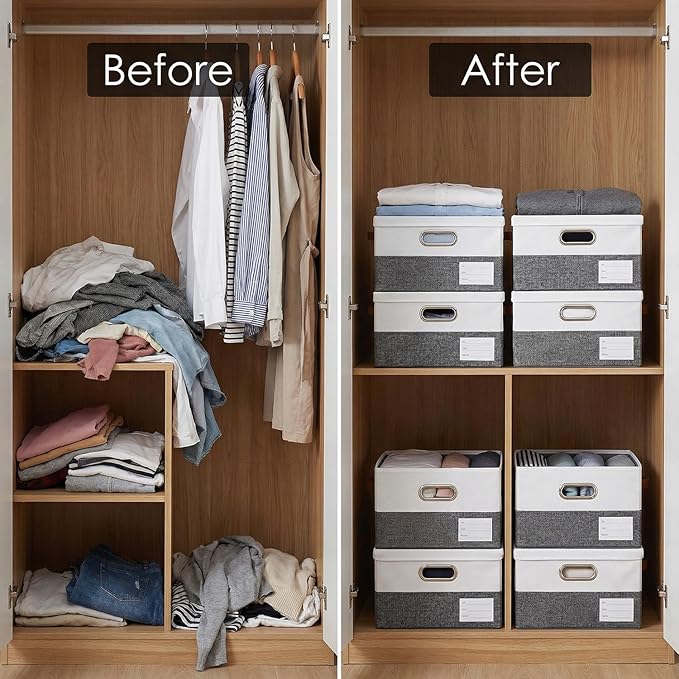 PRANDOM Storage Bins [3-Pack] Linen Foldable Boxes - Grey & White