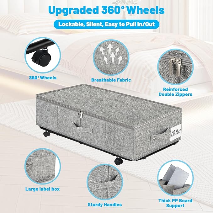 Large Sturdy Under Bed Storage with Wheels, 2 Pack 50L Rolling Underbed Storage Bins, Under Bed Containers Drawer with Metal Bottom Support, Bedroom Organizer with Lids for Clothes, Shoes, Blankets