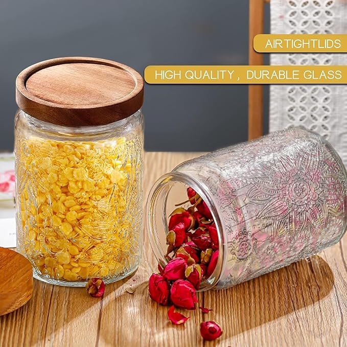 24 OZ Airtight Glass Storage Jar with Bamboo Lid - Vintage Glass Jar Vintage Food Containers Canisters Set for Kitchen Counter & Pantry - Ideal for Sugar, Flour, Coffee, Tea, Candy, Oats, Cereal