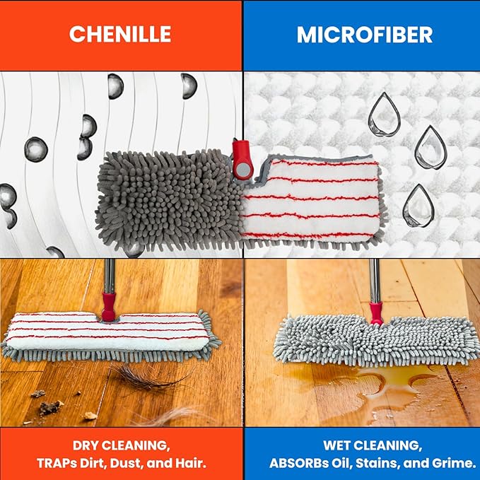 Microfiber Mops for Floor Cleaning, Flat Dust Mop with 4 Washable Pads, Dual-Sided Flip Mop for Wet & Dry Use, Extendable 62’’ Handle with Scraper, Floor Mops for Hardwood,Laminate,Vinyl,Kitchen,Tile