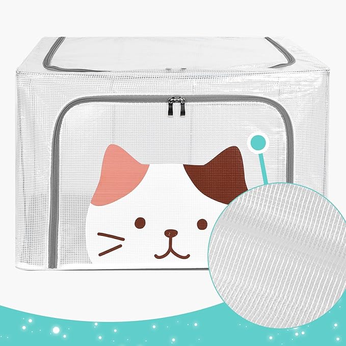 3 Pack Clear Storage Bins with Metal Frame,Waterproof Stackable Organizer Box with Durable Handles,Foldable Closet Container for Bedding, Clothes(Cute Cat,66L)