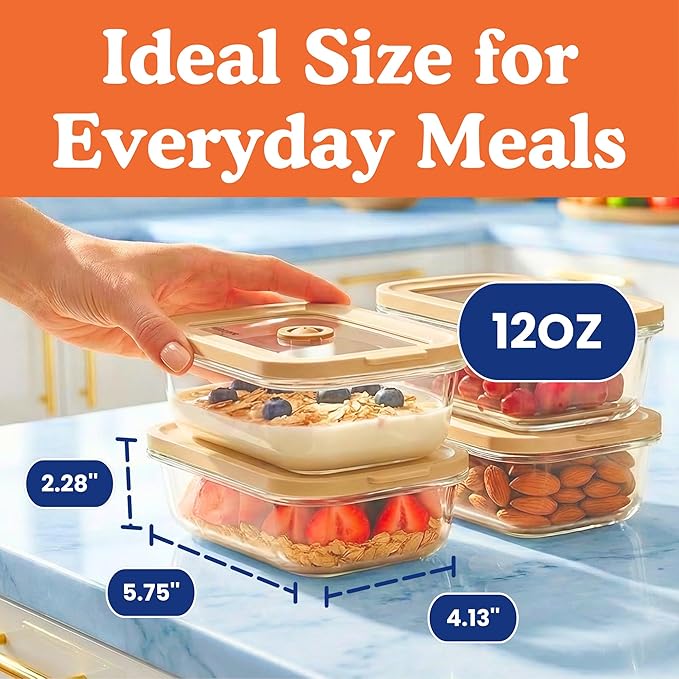 Ziruma Non-Toxic 1.5 cup Glass Food Storage Containers with Lids - Overnight Oats, Plastic Free Meal Prep, Reusable, Airtight, Microwave and Freezer Safe, 4 Pack
