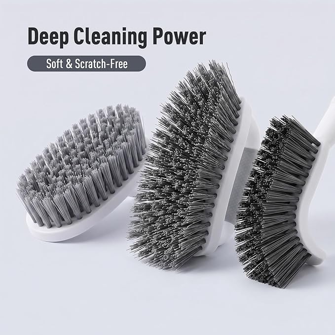 CLEANHOME 3 Pcs Scrub Brush,Multifunctional Cleaning Brush Set with Non-Slip Handle and Sturdy Bristles,Scrub Brushes for Cleaning Bathroom,Kitchen,Grout,Tile,Grey