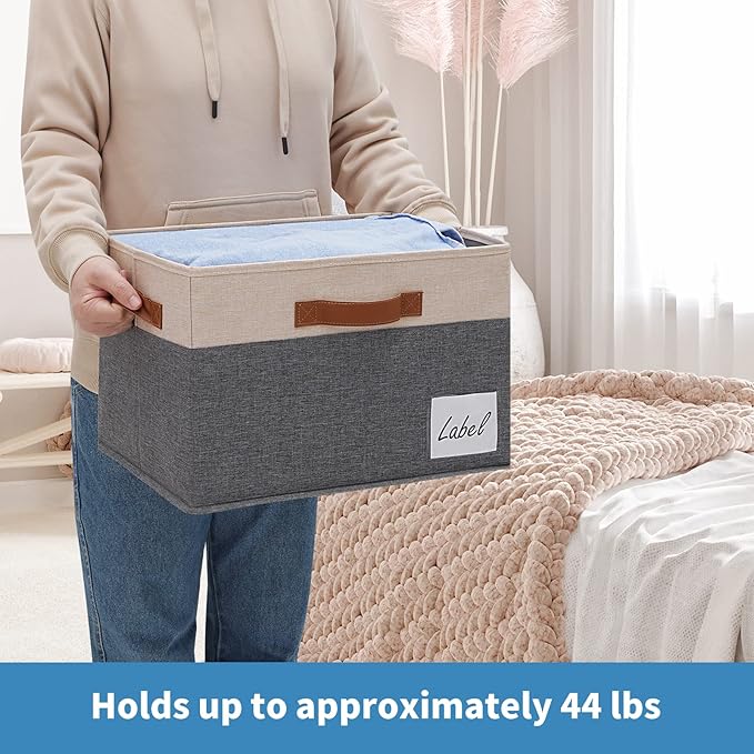 Fabric Storage Bins with Lids 3 Pack, Beige, 15" x 11" x 9.7"