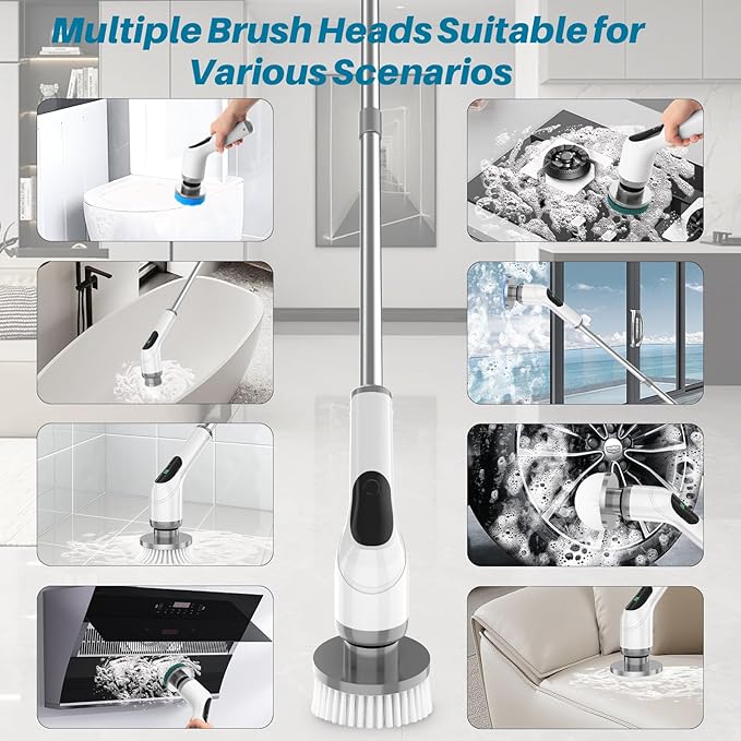 Electric Spin Scrubber for Cleaning: Cordless Scrub Brush with Extension Handle and Adjustable Speeds - Power Scrubbers for Cleaning Bathroom Shower Tub Tile Floor Car (Gray)