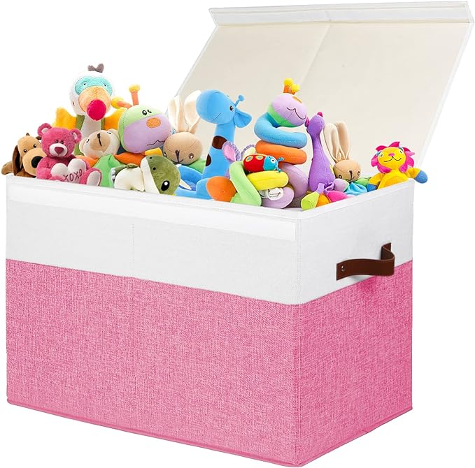 Gowee Large Toy Box with Lid, Sturdy Toy Storage Chest Bin Boxes Organizer Basket with Dividers for Toddlers, Kids, Boys, Girls, Nursery, Closet, Bedroom, Playroom 25"x13" x16" (Pink and White)
