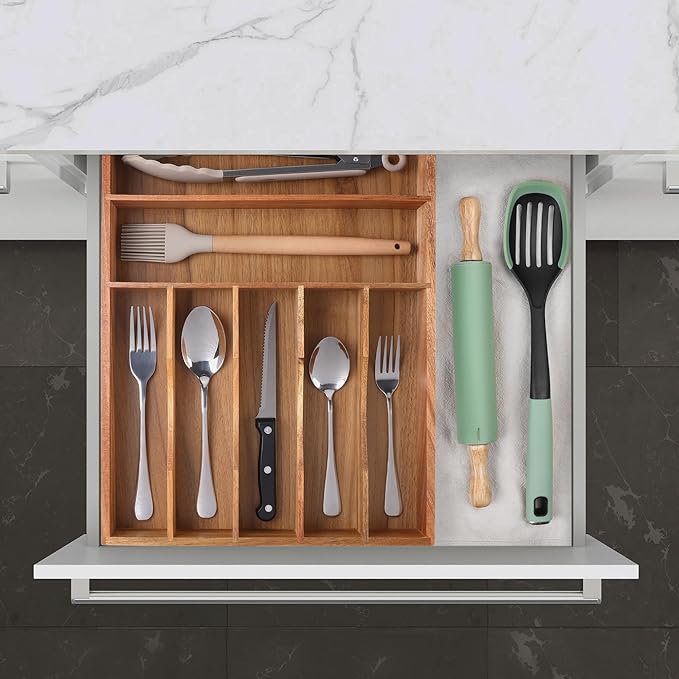 Kitchen Acacia Silverware Organizer, Extra Deep Grooved Drawer Divider