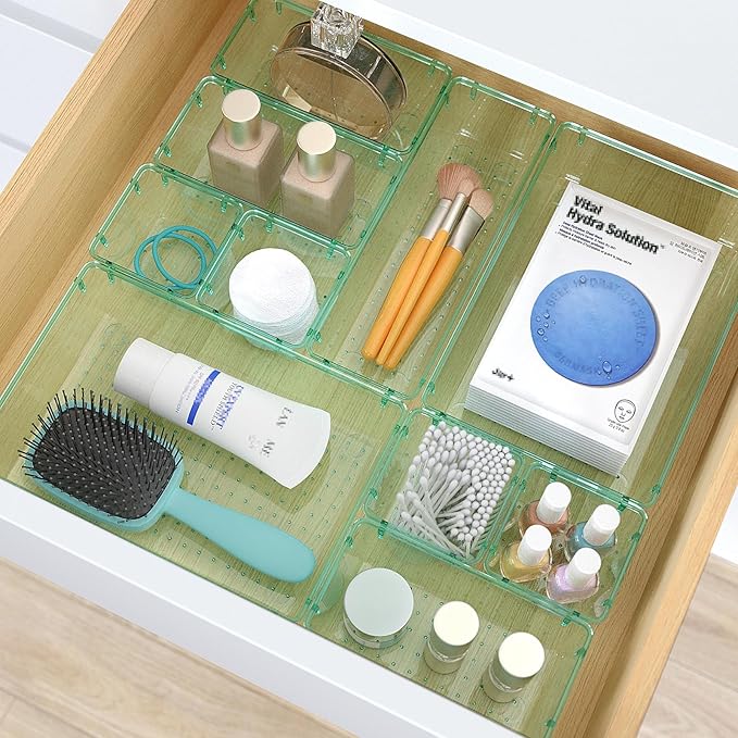7 PCS Clear Plastic Drawer Organizers Set, Sea Blue