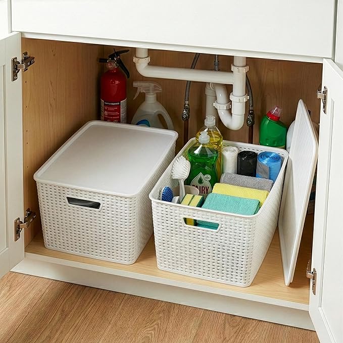 Plastic Storage Baskets with Lids, 33 Liter, 3 Pack, White, THE WOVEN COLLECTION