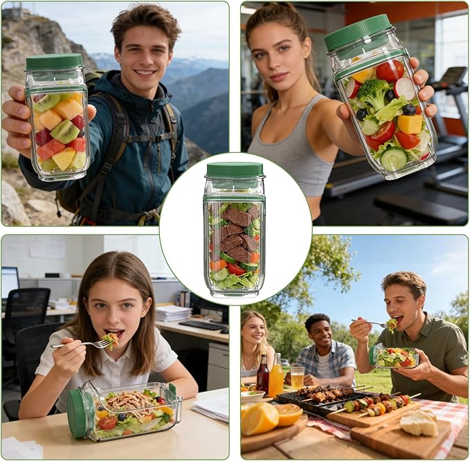Side-Opening Mason Salad Jar, Portable 1000ml Salad Container with Leakproof Dressing Cup, Includes Spoon and Cleaning Brush, Perfect for Meal Prep, Gym, Office, Picnic and Travel (1 Pac)