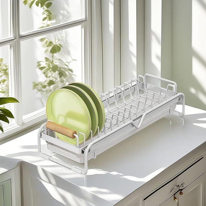 Pull-Out Double/Single Tier Dish Rack for Cupboard, Slide Out Dish Drying Rack for Kitchen Cabinets, Pull Out Drawer for Kitchen Under Sink Organizer (Single Tier Plate Rack)