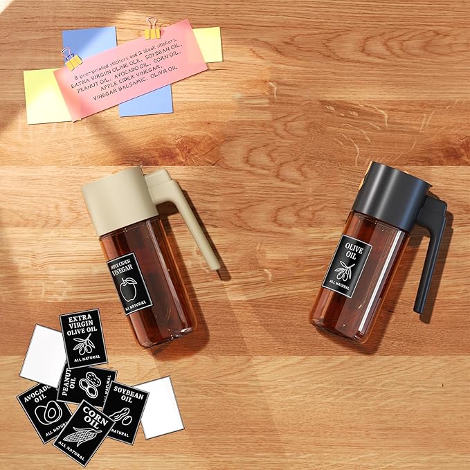 2-Pack Black and Beige Oil Sprayer Set, Two 500ml Glass Bottles for Olive Oil and Vinegar, Matching Countertop Spray and Pour Dispensers