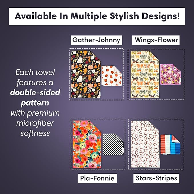 Microfiber Hand Towel & Washcloth Set of 2 - Double-Sided, Waffle Weave, Super Absorbent, Lint-Free, Fast Drying - for Bathroom, Kitchen, Car, and Window Cleaning (Wings & Flower Farm - Purple/Cream)