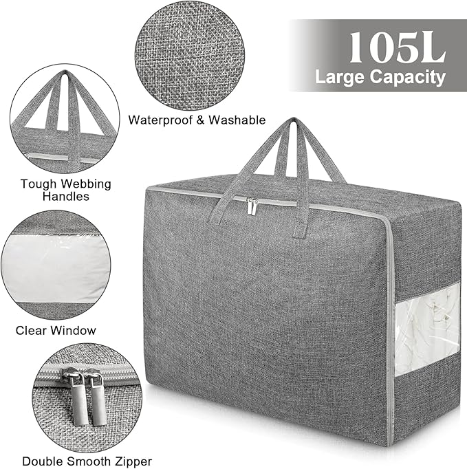 105L Grey Storage Bags (6 Pack) - Folding Comforter/Blanket Storage