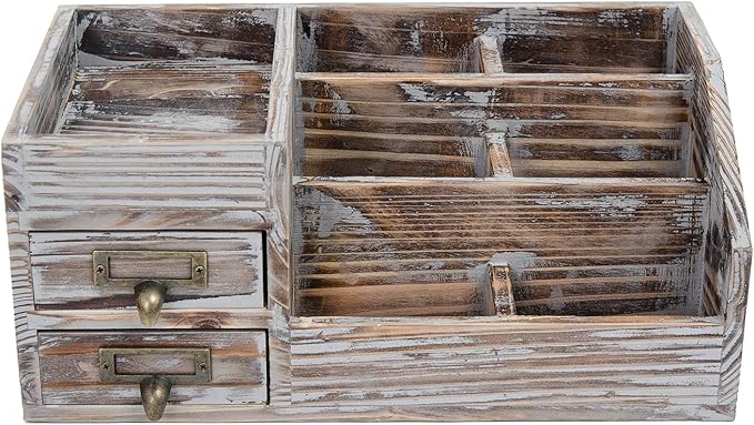 Liry Products Rustic Torched Wooden Desktop Organizer Dark Brown Tabletop