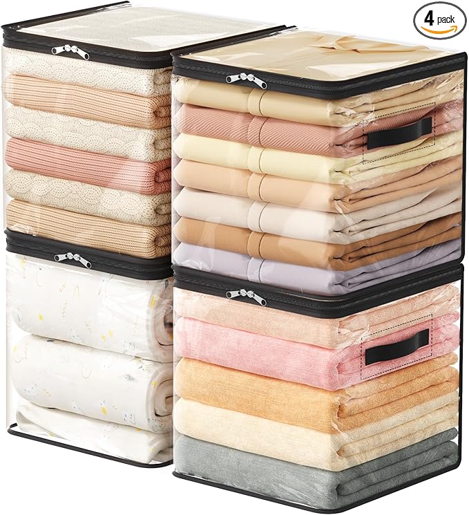 Lifewit 4 Pack Clear Clothes Storage Bags, Sweater Storage with Zipper, 36L Vinyl Foldable Moving Bags, Storage Container for Blankets Bed Sheet Sweater Yarns