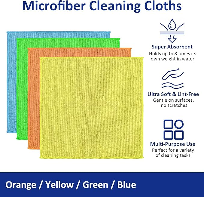 Microfiber Cleaning Cloths (12-Pack), 14" x 14", Ultra Absorbent, Lint-Free, Streak-Free, Reusable, Ideal for Car, Kitchen, Window, and Household Cleaning (Orange/Yellow/Green/Blue)