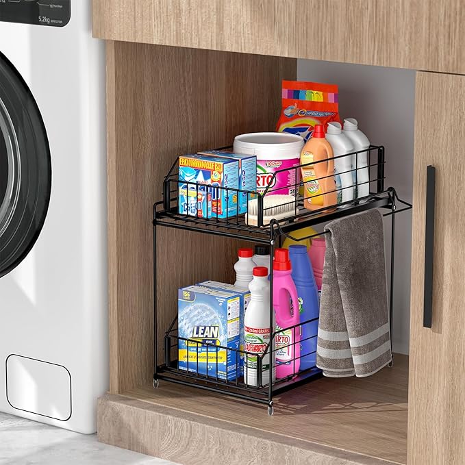 SUEH DESIGN Under Sink Organizers and Storage, 2 Tier Metal Under Sink Storage with Hanging Rail for Kitchen Bathroom Cabinet Organizer, 2 Pack