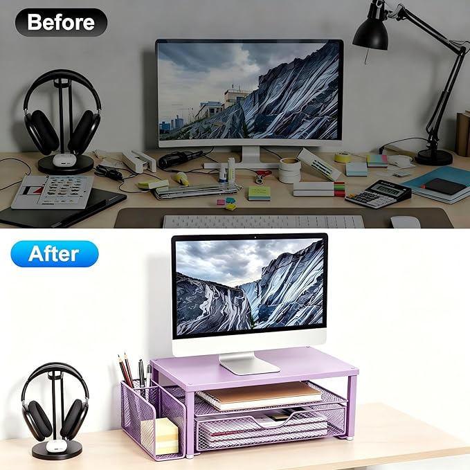 Spacrea Desk Organizer and Accessories, Computer Monitor Stand Riser with Drawer and 1 Open Pen Holder, Printer & Laptop Stand