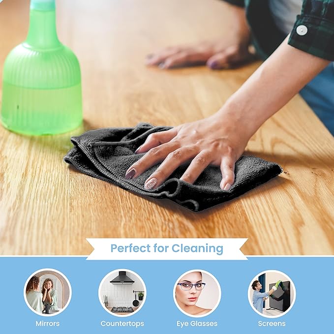 A&A Wiping Cloth- Microfiber Cleaning Towel, Super Absorbent Black Microfiber Towels, Perfect for House, Cars, Windows, Gym and Office, Black Microfiber 16x16 Towels, Pack of 180 Pieces