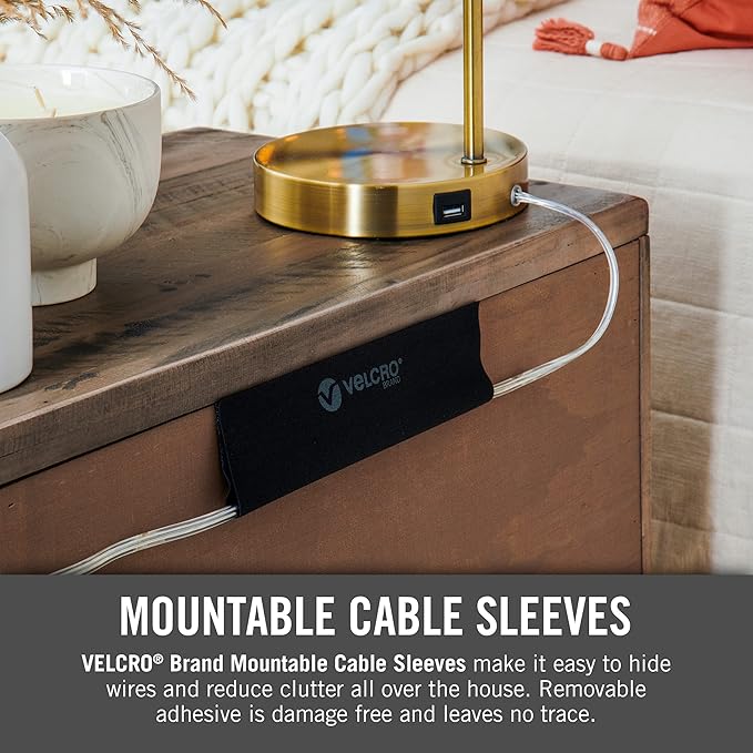 VELCRO Brand Mountable Cable Sleeve | Cord Management Mounts on Walls, Desk or Entertainment Center | Removable Adhesive is Damage Free | 8in Black, 2pk, 8in - 2Pk