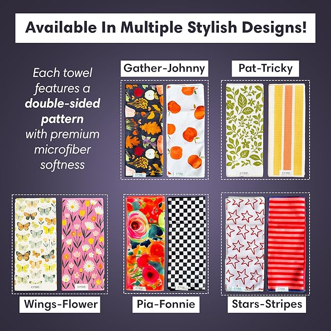 Double Sided Microfiber Hand Towels, 17x27 Inches Waffle Design Kitchen Towels Set, Durable & Soft Fast Drying Hand Wash Cloth, Everyday Use Dishcloth at Home (Wings & Flower Farm- Purple/Cream)