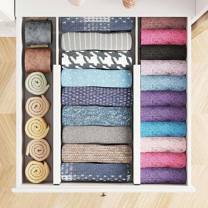 SpaceAid Bamboo 4 Pack Dresser Drawer Dividers, 4.65“ High Adjustable 12.5“-17” Drawer Organizers, Expandable Organization for Clothing, Clothes