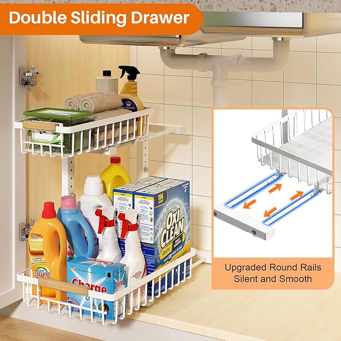REALINN Under Sink Organizer, Height Adjustable Under Sink Organizers and Storage, 2 Tier Pull Out Drawer Cabinet Storage for Kitchen Bathroom, 1 Pack, White