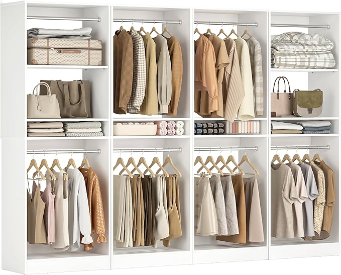 Unikito 100” Closet System, 8.3FT Wood Closet Storage Organizer with 8 Hanging Rods, Adjustable Large Walk in Wardrobe Closet Tower, Sturdy Clothes Garment Rack, Easy Assembly, Set of 4, White