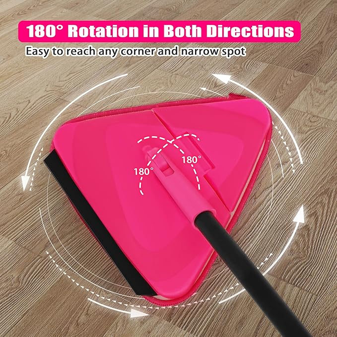 JEHONN Wall Mop with Long Handle 80 inches, Upgraded 180° Collapsible Baseboard Cleaner Tool with Squeegee, Ceiling Duster with 3 Microfiber and 3 Chenille Pads for Cleaning Window, Cabinet (Rose Red)