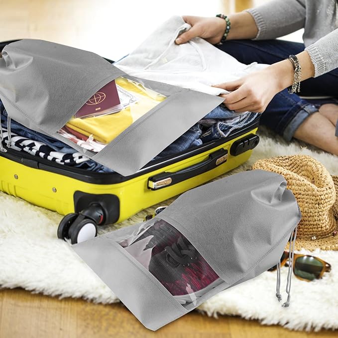 Large Gray Travel Shoe Bags, 10 Pcs with Clear Window, Non-Woven Drawstring