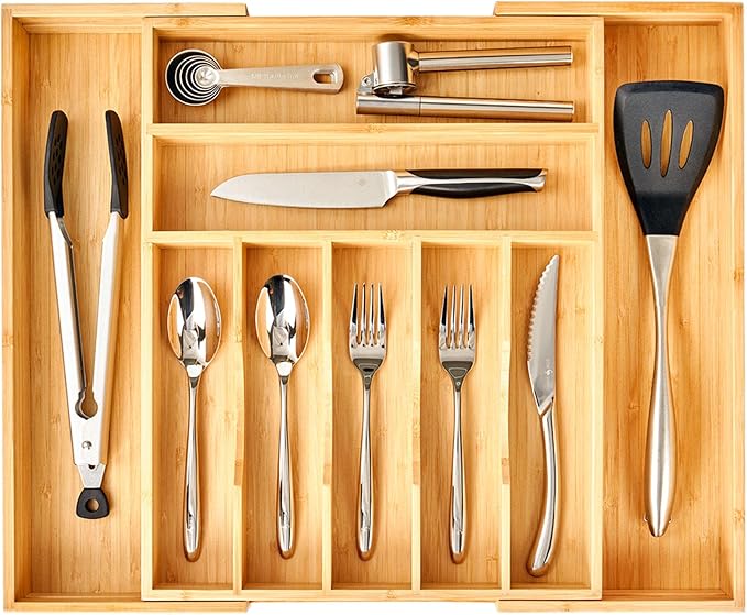 Umilife Large Expandable Kitchen Silverware Utensils Drawer Organizer, 2.5" Extra High Adjustable Drawer Divider with Curved Grooves, Bamboo Wood Cutlery Tray Flatware Holder