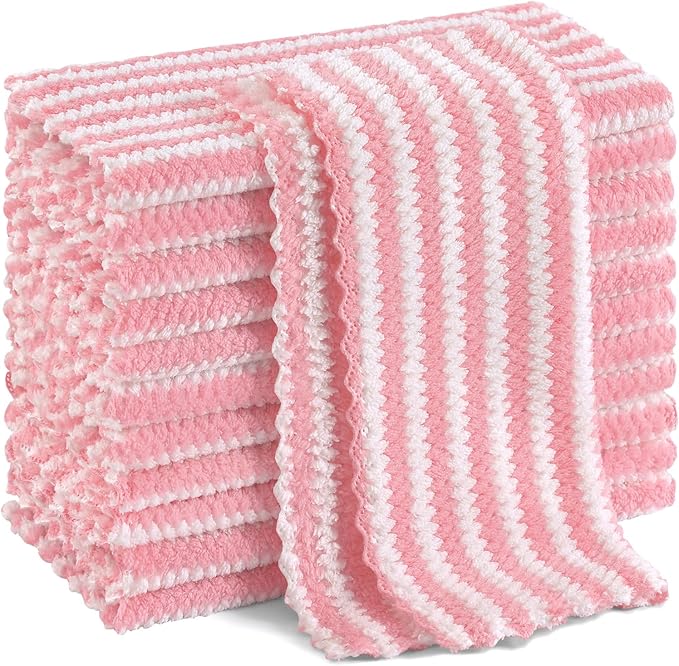 Homaxy 12 Pack Kitchen Dish Cloths, Ultra Soft and Absorbent Dish Towels, Reusable Fast Drying Microfiber Cleaning Cloth, Coral Velvet Wave Design No-lint, 10 x 10 inches, Pink