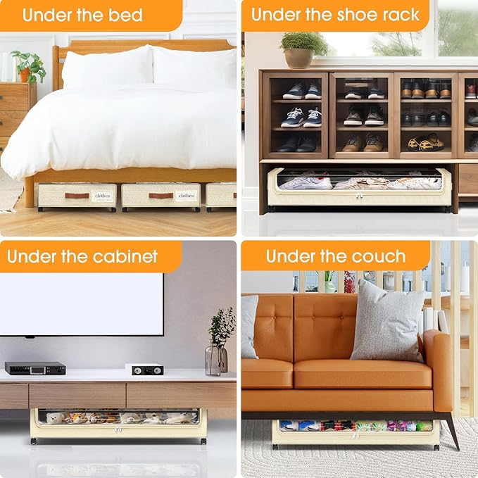 SpaceHacks 3 Pack Under Bed Storage - Large Capacity, Rolling Drawers for Clothes & Blankets (Beige)