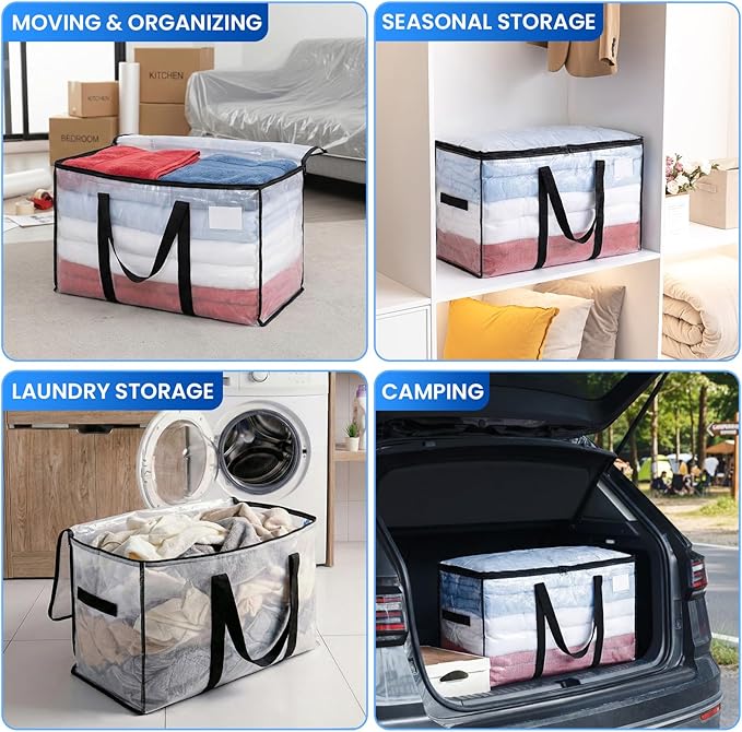 TAILI Extra Large Moving Bags, 4 Pack Clear Heavy Duty Totes For Storage with Visible Window, Wrap Around Handles, Storage Bags for Space Saving
