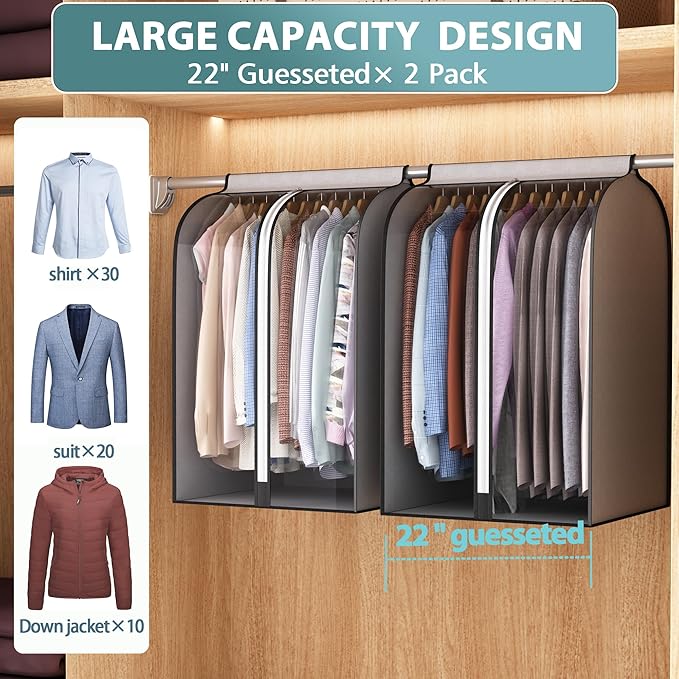 Liuoud 22” Gusseted Garment Bags for Hanging Clothes, Large Clear Window Clothes Cover for Closet Storage, Wardrobe Coat Protector for Suit, Shirt Bottom Enclosed, 2 Pack, 32” Long