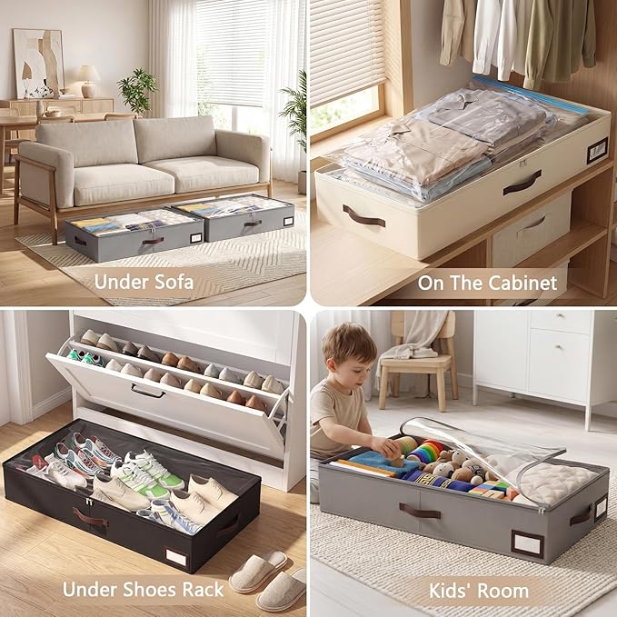 OIAHOMY 2 Pack Under Bed Storage with 4 Compression Bags, Underbed Organizers for Bedroom & Closet, Fits Beds Higher than 5.9"