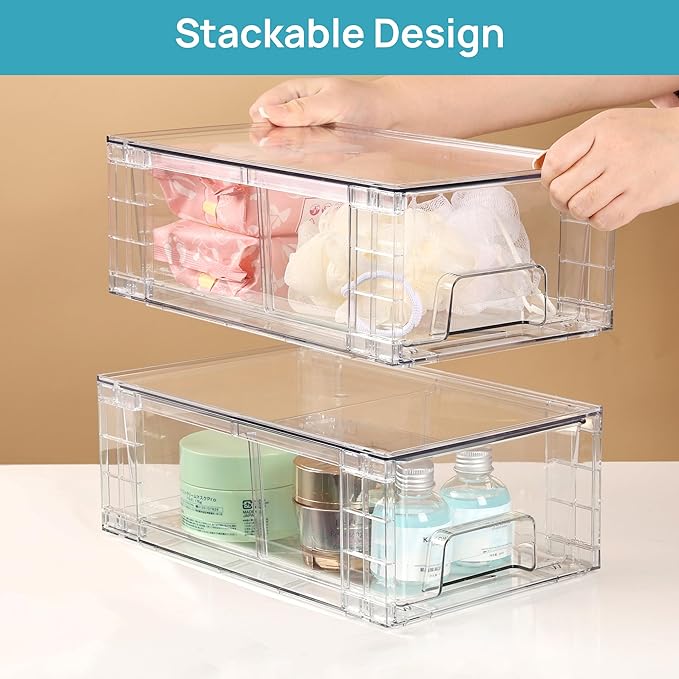 Vtopmart 2 Pack Stackable Storage Drawers,Clear Acrylic Drawer Organizers with Handles, Easily Assemble Containers for Fridge, Bathroom,Kitchen Undersink,Cabinet,Pantry Organization and Storage