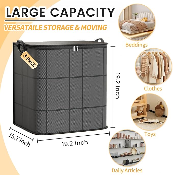 3 Pack Large Clothes Storage Bags, Closet Organizers Storage Containers, Collapsible Storage Bins with Reinforced Handles, Sturdy Zippers, for Clothing, Blanket, Comforters