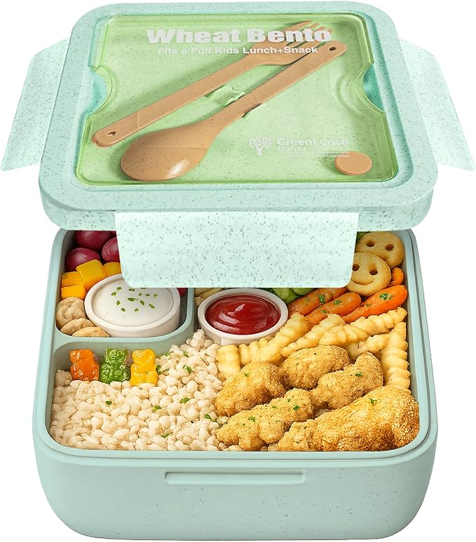 GreenLunch Bento Lunch Box for Kids, Large 2-Compartment, Durable and Microwave Safe, BPA-Free with Utensils, Wheat Straw Bento Box for Kids – Green