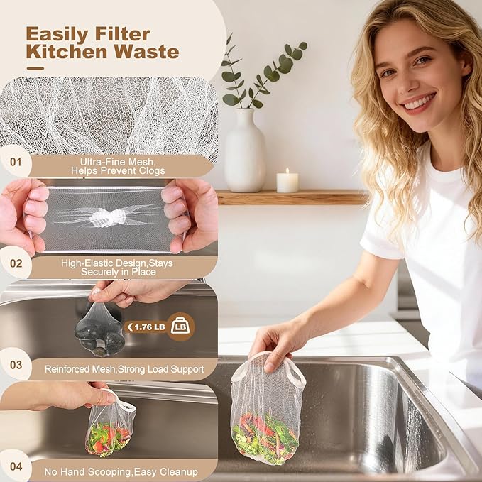 500 Pack Kitchen Sink Strainer Mesh Bags – Anti-Clogging Disposable Sink Drain Covers that Trap Food Scraps, Leftovers