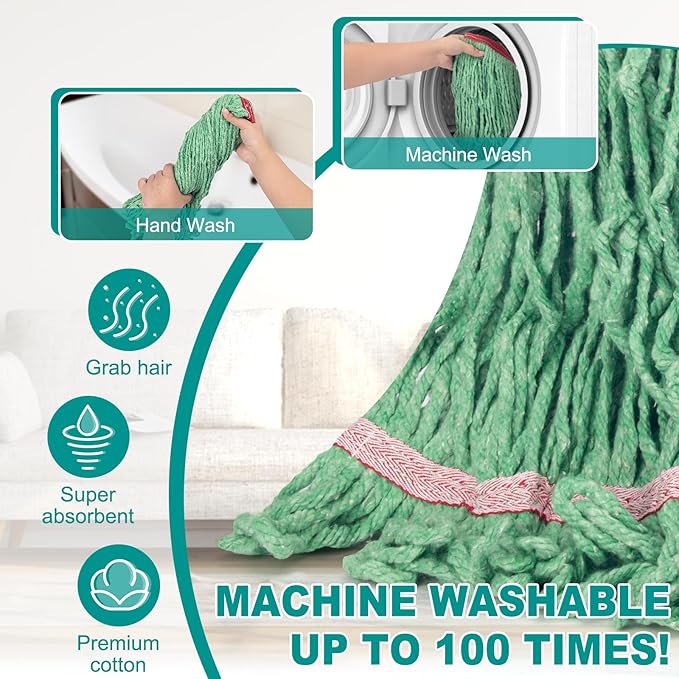 KeFanta 60 Inch Loop-End String Mop Heavy Duty Commercial Mops for Floor Cleaning,Industrial Cotton Wet Mop with Extra Mops Head Replacement(Green)