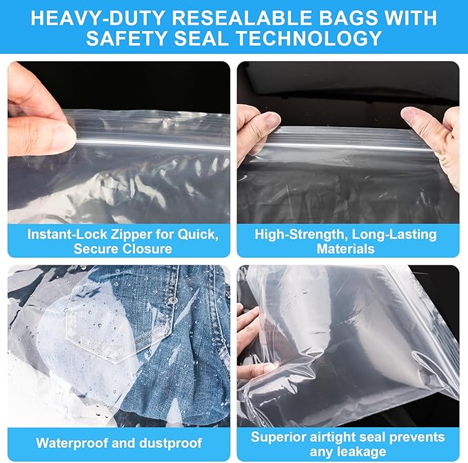 Large 5 Gallon Plastic Storage Bags (10 Pack) - 18" x 24", 2.4 Mil Thick, Resealable Clear Zipper Bags for Clothes, Travel & Moving