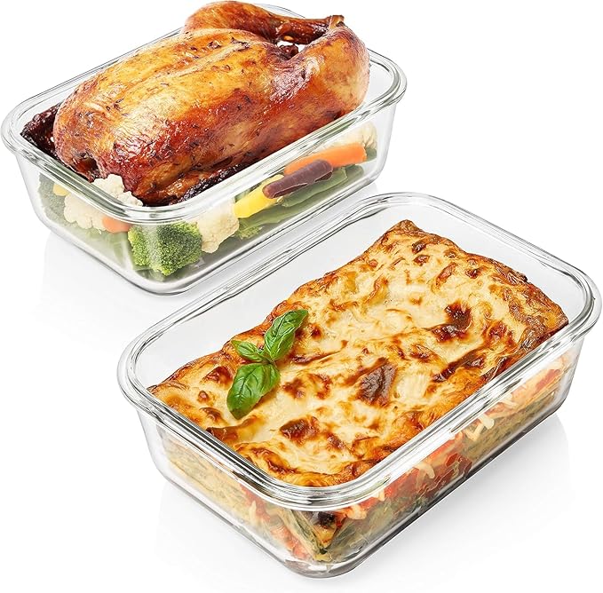 Razab 4 PC 1860ml / 63 Oz / 8 Cups Large Glass Food Storage Containers with Lids - Glass Meal Prep Containers for Roasting & Storing Leftover