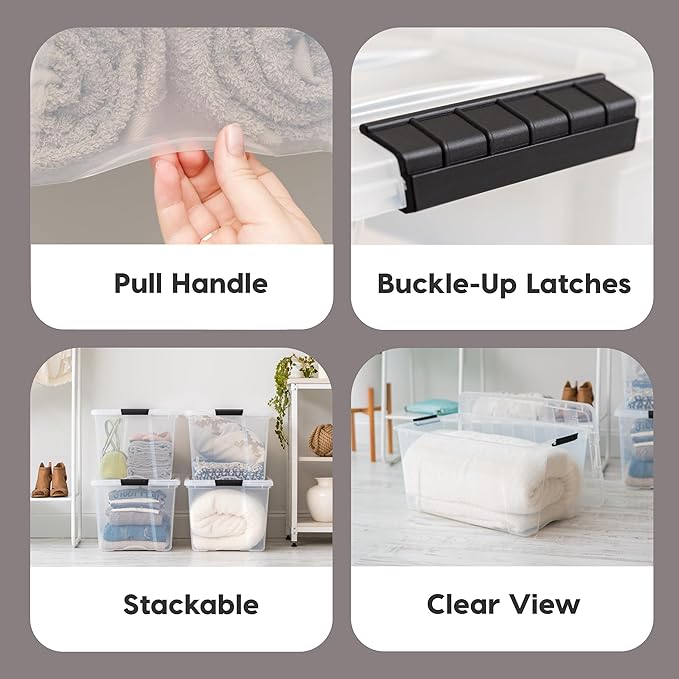 IRIS USA 72 QT Plastic Storage Box with Lid and Latches - 4 Pack - BPA-Free, See-Through Organizing Solution, Durable Nestable Stackable Containers, Secure Pull Handle - Clear