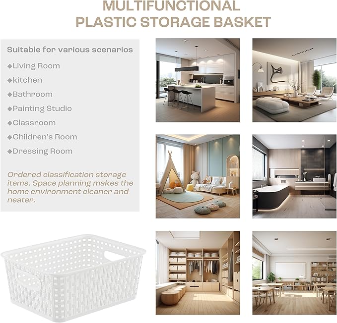 White Plastic Storage Baskets/Bins, 12-Pack Stackable Basket Pantry Organizer, Household Organizers for Bathrooms, Kitchens, Shelves, Classroom, Cabinets, Countertops and Bedrooms