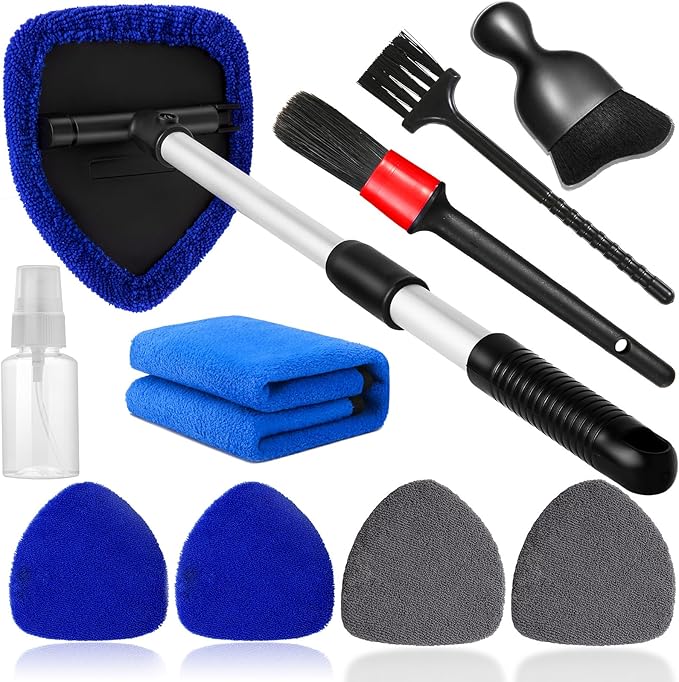 Qydipclin 10pc Window Cleaning Kit - 4 Microfiber Pads, Car Interior Glass Cleaner
