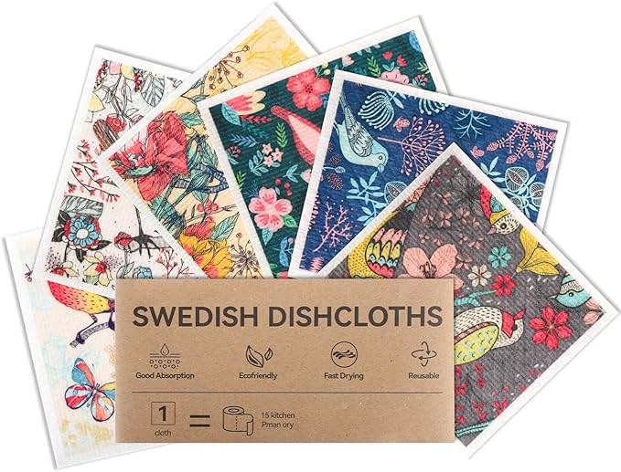 Lsnisni 6 Pack Swedish Dishcloths for Kitchen, Swedish Dish Cloths, Reusable Paper Towels, Washable Kitchen Cloth, 100% Biodegradable, Super Absorbent, Quick Drying