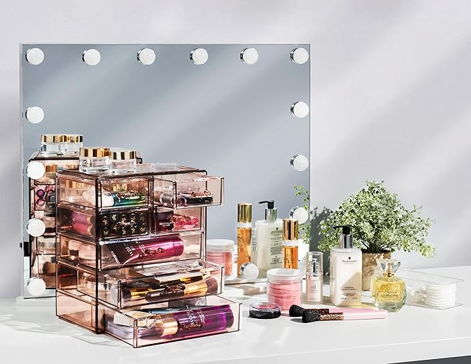 Sorbus Acrylic Makeup Organizer Set, 7-Drawer Vanity & Countertop Cosmetic Storage with Small & Wide Drawers, Bronze Glow Makeup Storage for Brushes