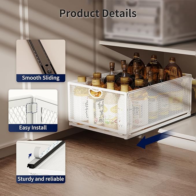 2 Pack Pull Out Cabinet Organizer, No Drill Adhesive Sliding Drawers for Kitchen, Metal Mesh Wire Storage Shelf for Pantry & Under Sink, White (9.6" W x 15.7" D x 8.4" H)